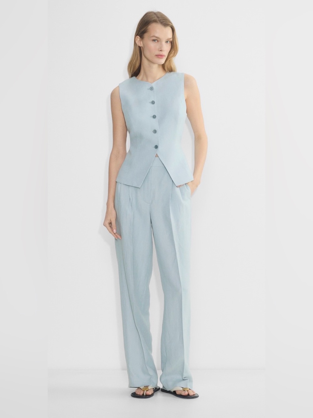 Aritzia Effortless Linen High Rise Wide Leg Pants Size 10 Dew Blue NWT